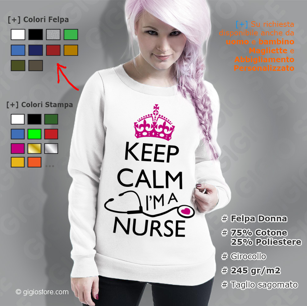 Felpa Keep Calm I'm a Nurse, Felpe keep calm, felpe keep calm personalizzate, felpe donna on line