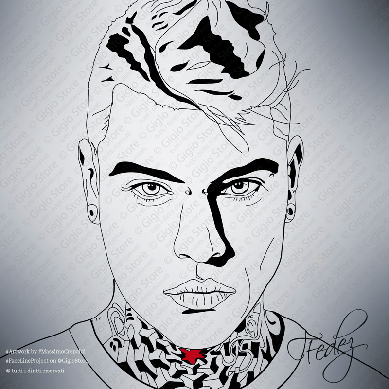 Fedez, #Fedez, @therealfedez, @fedez, Italian artist, songwriter & producer, Founder of Newtopia Label Agency, illustration by Massimo Crepaldi for Faceline Project on gigiostore.com