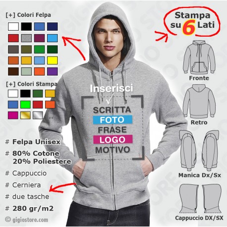 felpa cappuccio zip, felpe con zip, felpe cappuccio, felpa con cappuccio, personalizzazione felpe, stampa felpe personalizzate