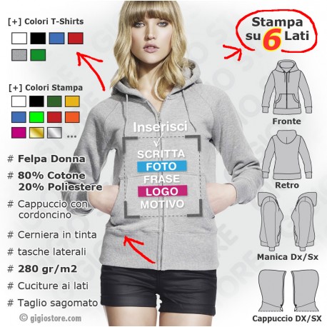 felpe personalizzate, felpa cappuccio donna, felpe con zip, felpe con cerniera, felpe stampate, crea la tua felpa, felpe ragazza