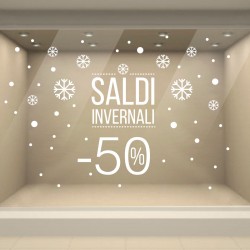 Vetrofania Saldi Invernali realizzata con Adesivi PVC di qualità per decorazioni vetrine negozi. Percentuale Sconti Modificabile