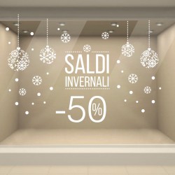 Vetrofania Saldi Invernali realizzata con Adesivi PVC di qualità per decorazioni vetrine negozi. Percentuale Sconti Modificabile