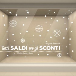 Vetrofania tutti saldi per gli sconti invernali realizzata con adesivo intagliato di qualità per decorazioni vetrine negozi 