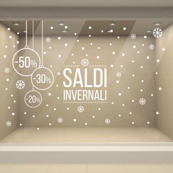 Vetrofania Saldi Invernali realizzata con Adesivi PVC di qualità per decorazioni vetrine negozi. Percentuale Sconti Modificabile