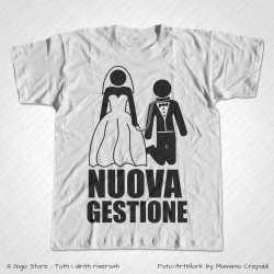 Magliette Addio Celibato Nuova Gestione T-Shirt Matrimonio Nozze Sposo. Cambia Colore, Aggiungi Scritte e Immagini, Personalizza